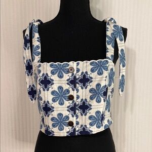 Agua Bendita Crop Top Linen Tile Print Tie Shoulder Tomato Girl Blue| Size M